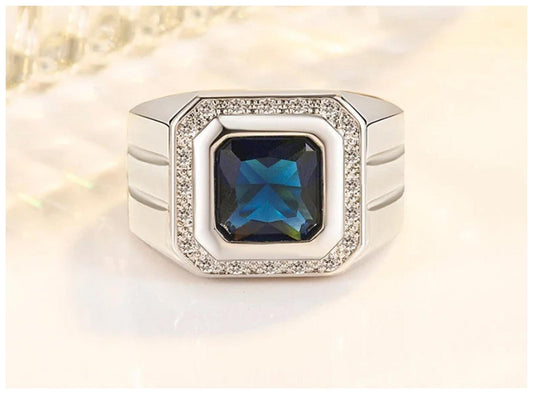 Blue square halo - Ring - Silver - CZs - Size 8