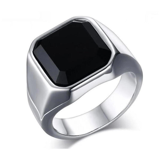 Black signet ring - silver - stone -size 11.