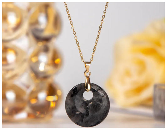 Natural black flash charoite round pendant - Necklace - Gold - 18"