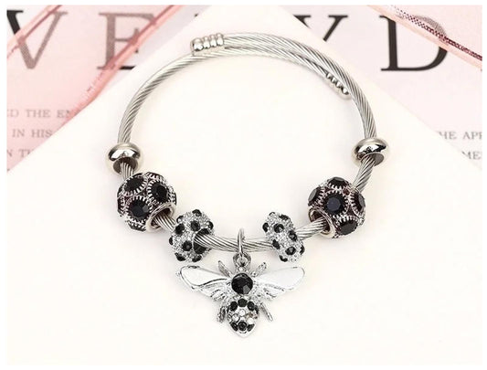Black Bee charm - Bangle Bracelet - Titanium Steel- CZs