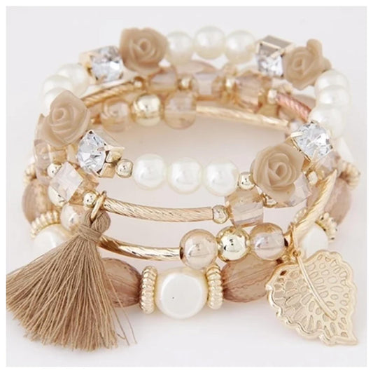 Pearl and taupe/tan beaded stack - Bracelet - Gold - stretch