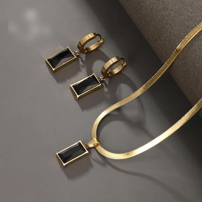 Black rectangle - Necklace/Earring set - Gold - CZs - 18"