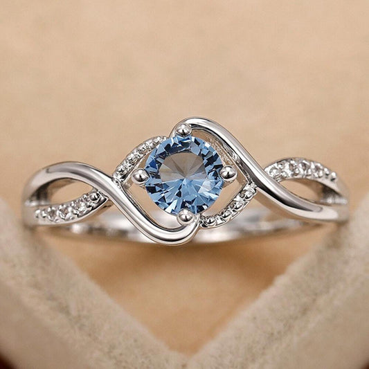 Light blue round twist RING - Silver - CZs - size 6