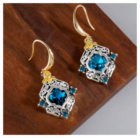 Blue vintage style two tone - Earrings - Silver - CZs - 1.5"