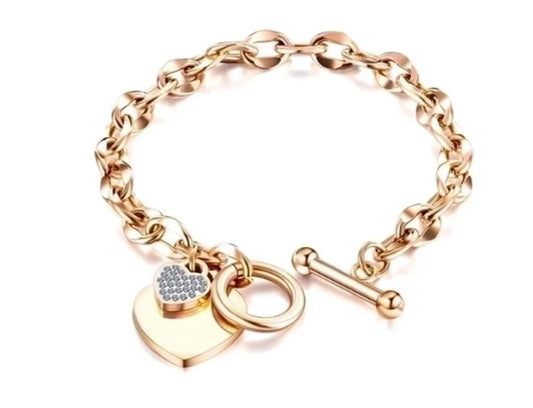Double heart charm - Bracelet - Rose Gold - CZs - 8"