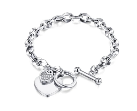 Double heart charm - Bracelet - Silver - CZs - 8"