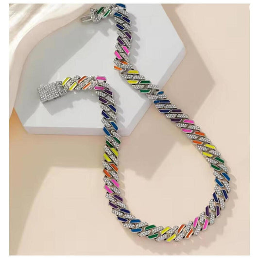 Rainbow cuban necklace - silver - CZs -  20".