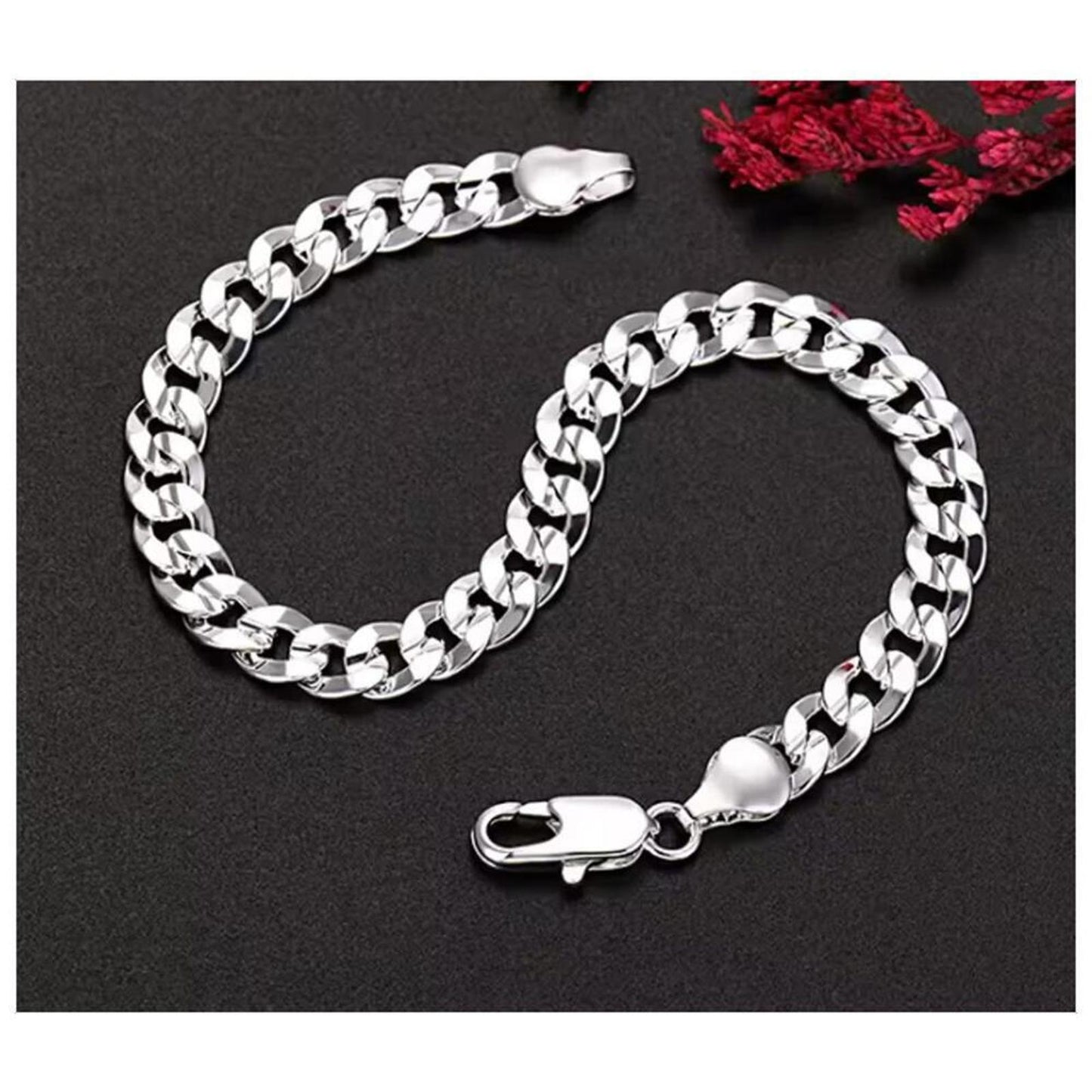 Flat Curb Chain Bracelet  - silver - 7mm, 8".