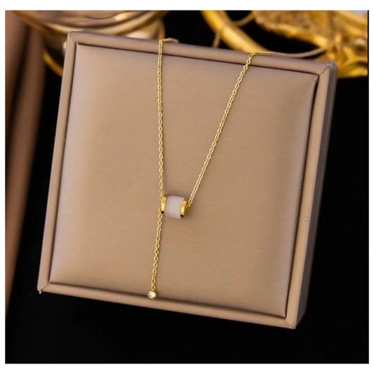 White cylinder Necklace - gold - CZs - 16-18"