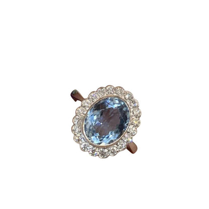 Blue oval ring - gold - CZs - Size 10.