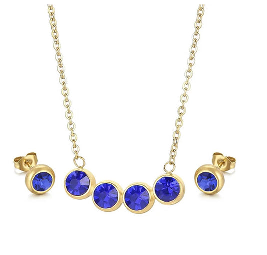 Round bezel set blue - Necklace/Earring set - Gold - CZs - 18"