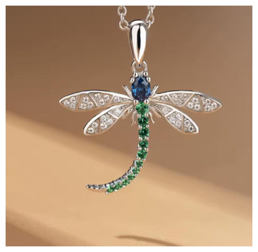 Green and Blue dragonfly pendant - Necklace - Silver - CZs - 18"