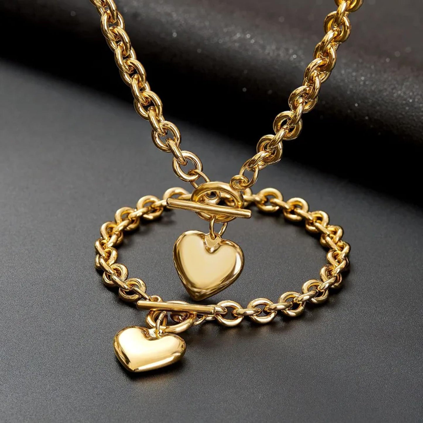 Heart charm toggle chain - Necklace/Bracelet set - Gold - 20" / 7"