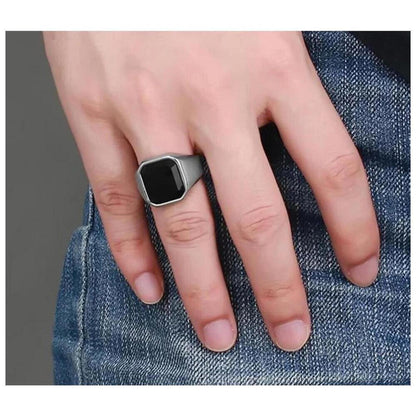 Black signet ring - silver - stone -size 11.