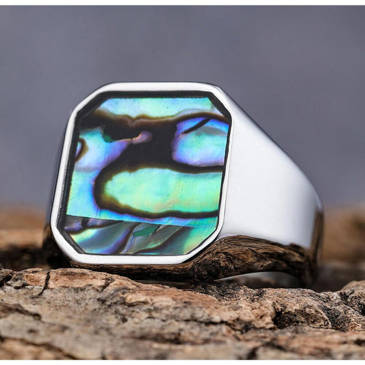 Blue and green abalone shell  RING - Silver - size 12