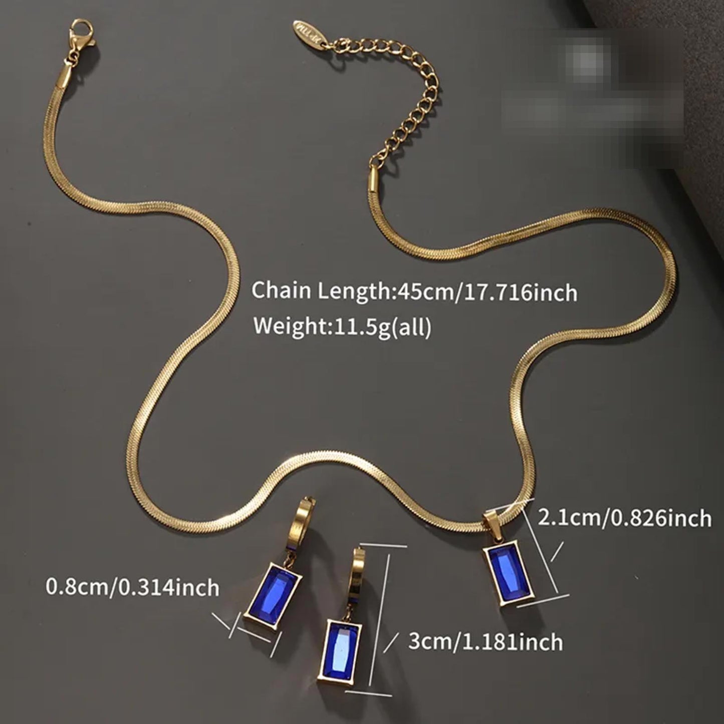 Blue rectangle - Necklace/Earring set - Gold - CZs - 18"