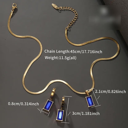 Blue rectangle - Necklace/Earring set - Gold - CZs - 18"