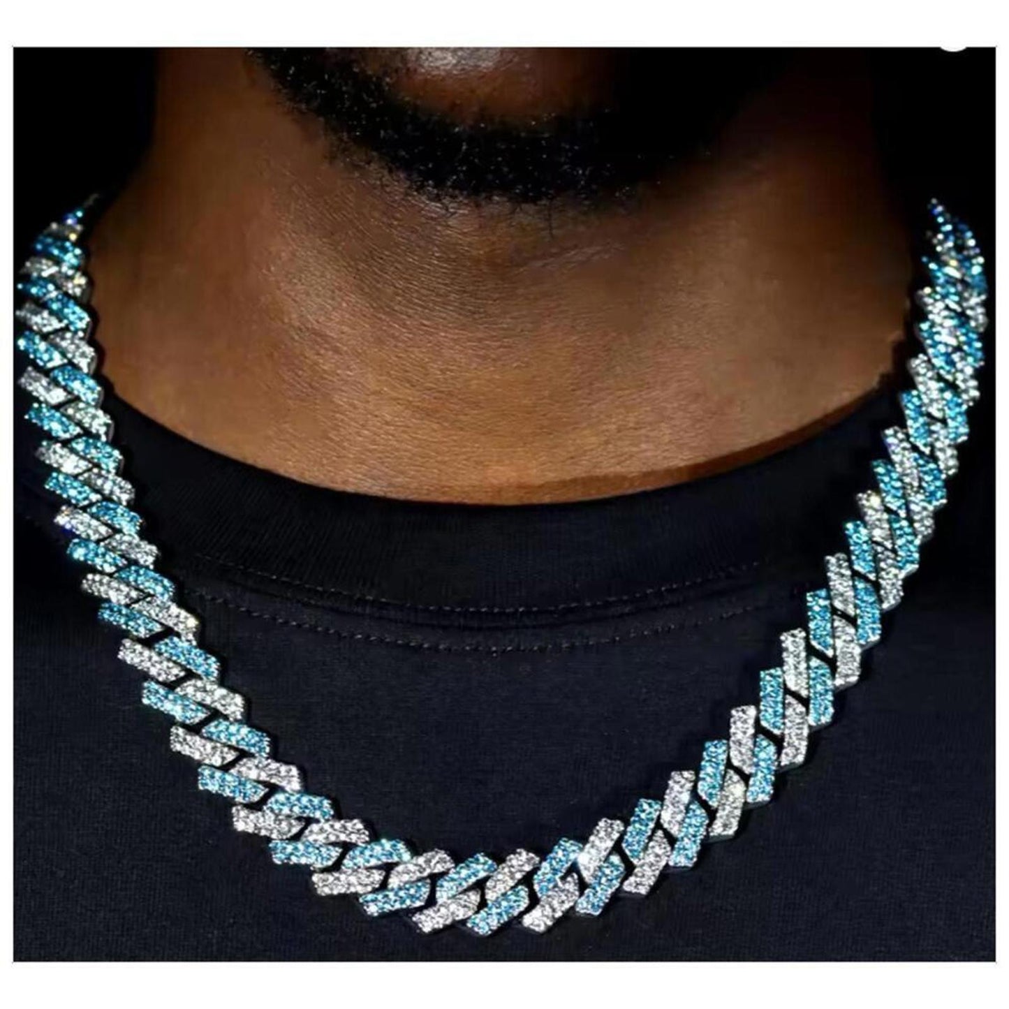 Blue two-tone cuban necklace - silver - CZs - 20".