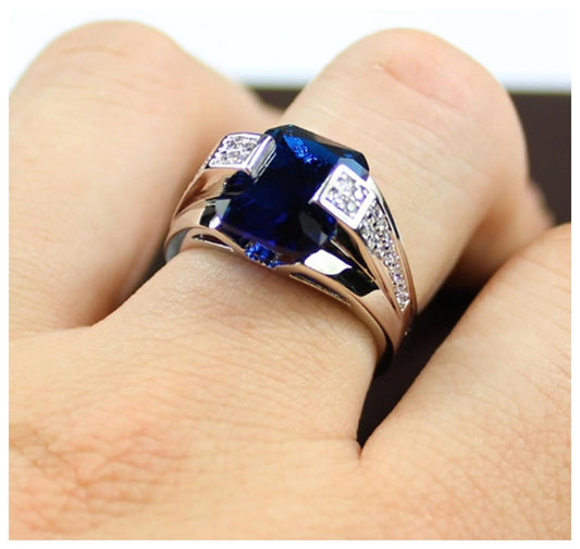 Blue overlay Ring - Silver - CZs - Size 10