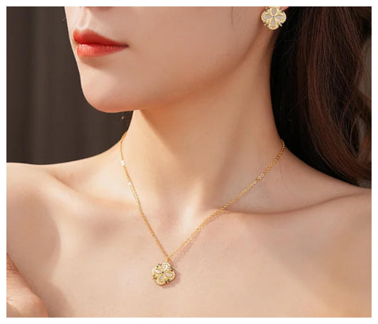 Gray Vintage cat's eye and pearl - Necklace/Earring set - Gold - CZs - 18"