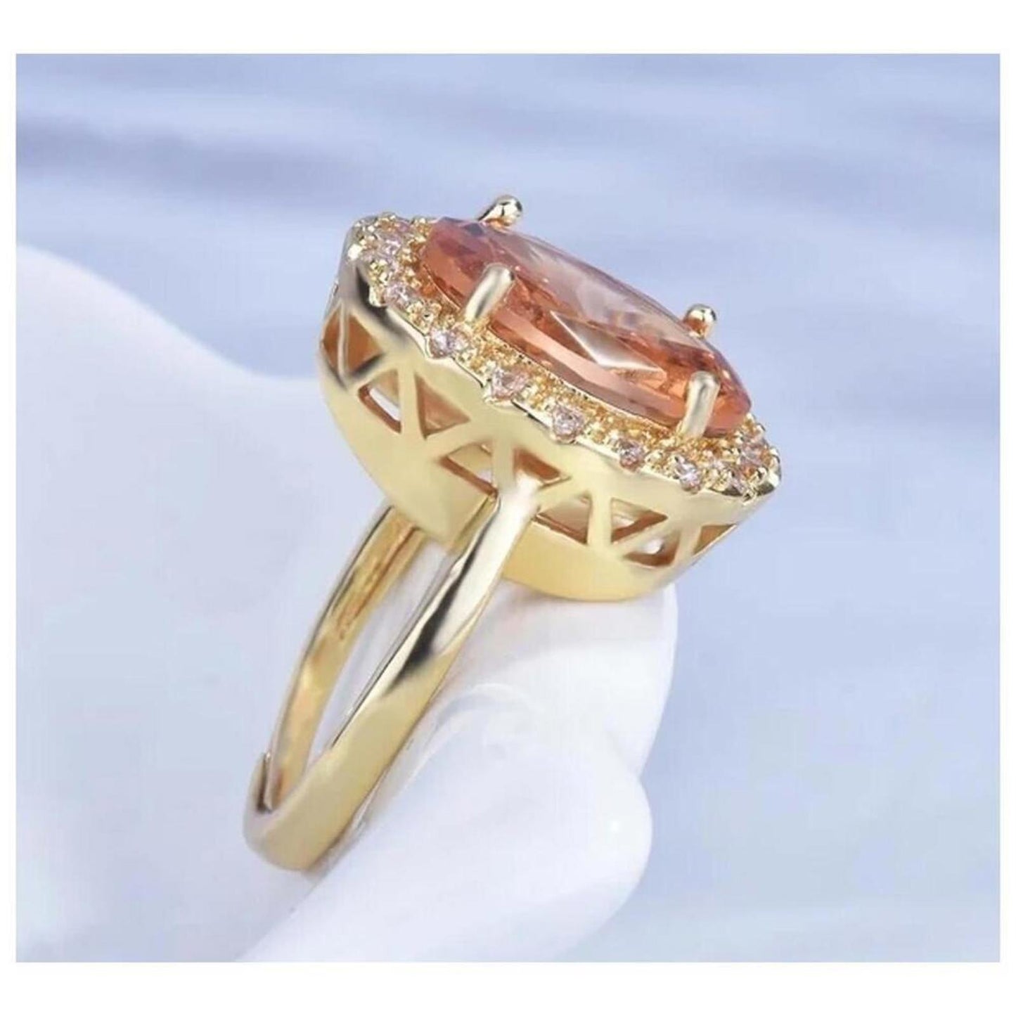 Champagne oval halo ring - 18K gold plated  - CZs- size 9.