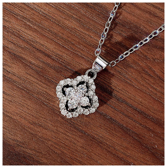 Double clover Necklace - Silver - CZs - 18"
