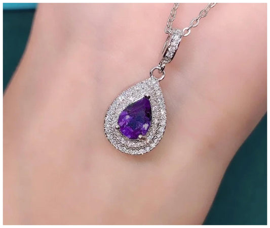 Purple double halo teardrop - Necklace - Silver - CZs - 20"