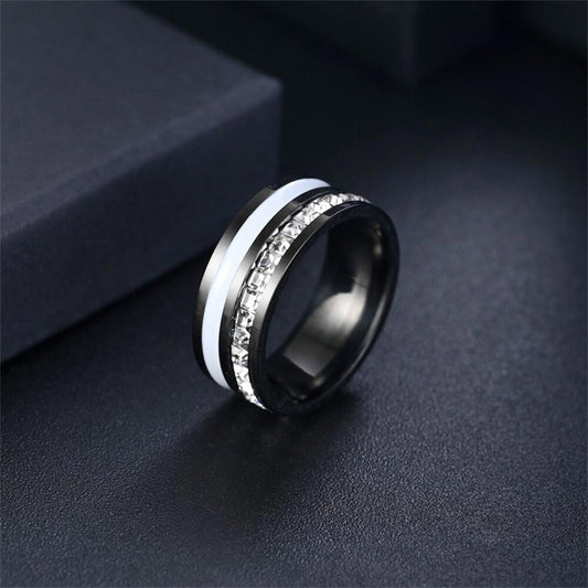 Black stainless steel princess cut inlay band RING - Silver - CZs- size 13