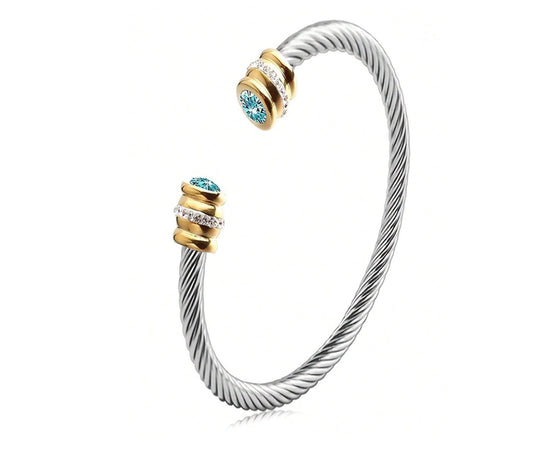 Blue cable December - Bangle Bracelet - Stainless Steel - CZs