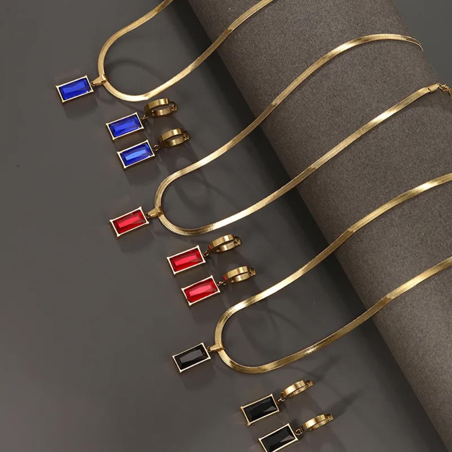 Blue rectangle - Necklace/Earring set - Gold - CZs - 18"