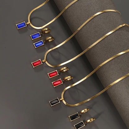 Blue rectangle - Necklace/Earring set - Gold - CZs - 18"