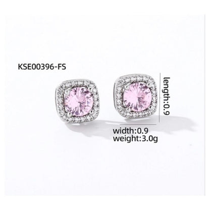 Pink Square thin halo Studs - silver - CZs - .9cm