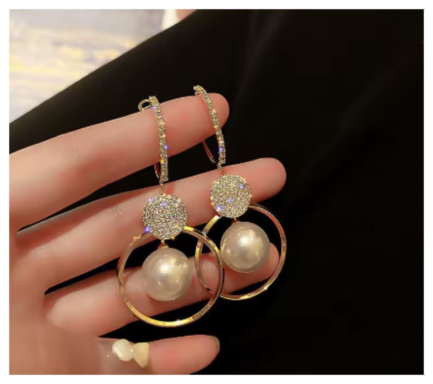Pearl and bling - Color - Earrings - Gold - CZs - 2"