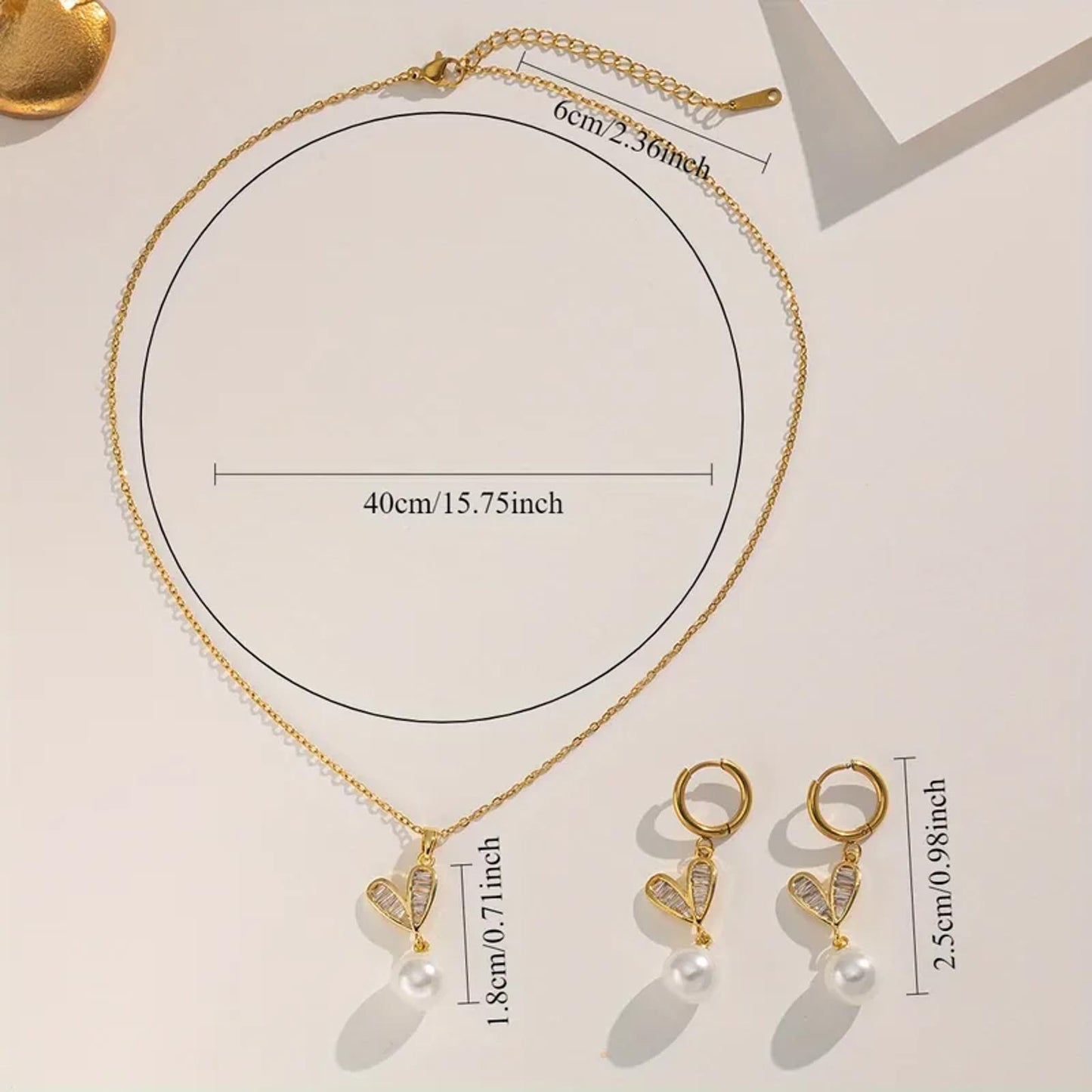 Baguette heart and pearl - Necklace/Earring set - Gold - CZs - 18"