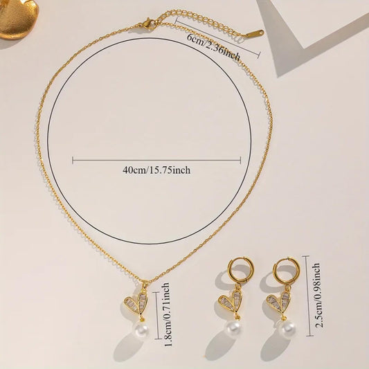 Baguette heart and pearl - Necklace/Earring set - Gold - CZs - 18"