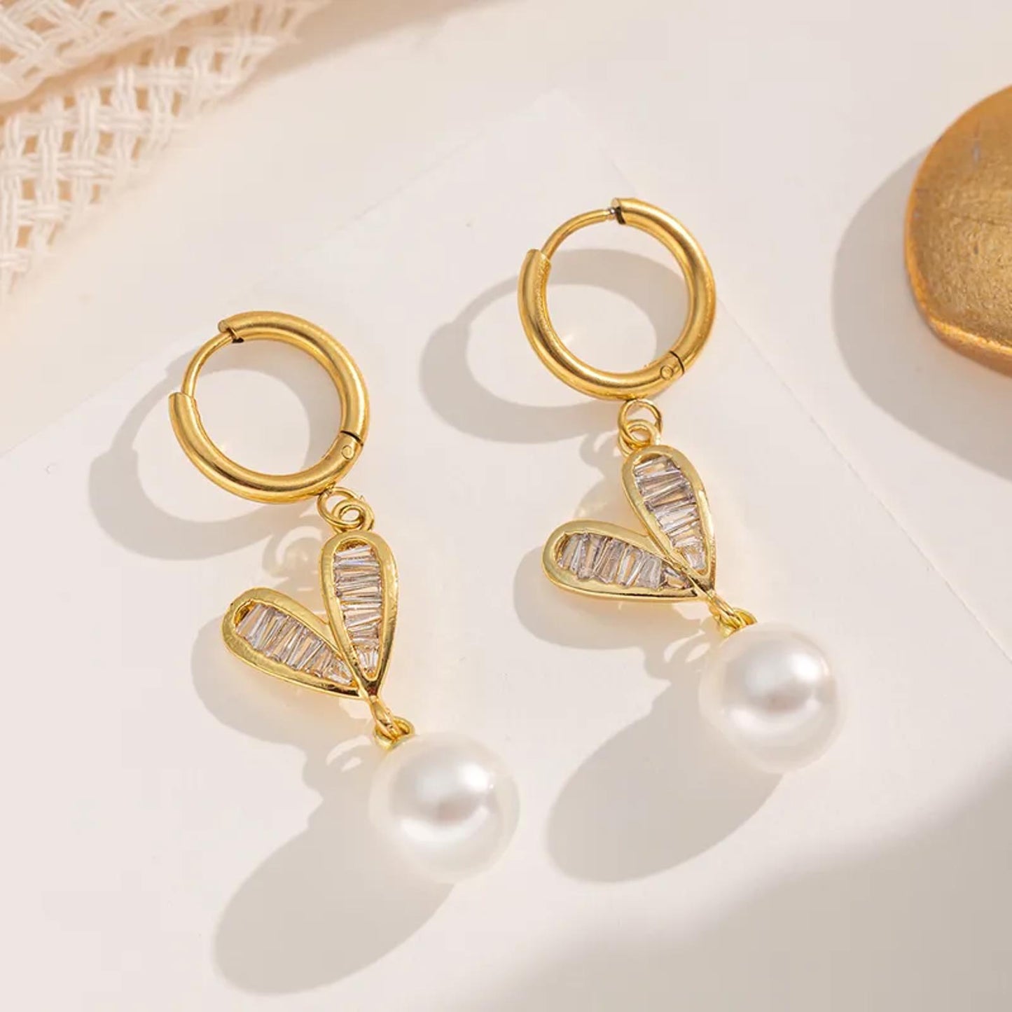 Baguette heart and pearl - Necklace/Earring set - Gold - CZs - 18"