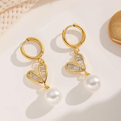 Baguette heart and pearl - Necklace/Earring set - Gold - CZs - 18"