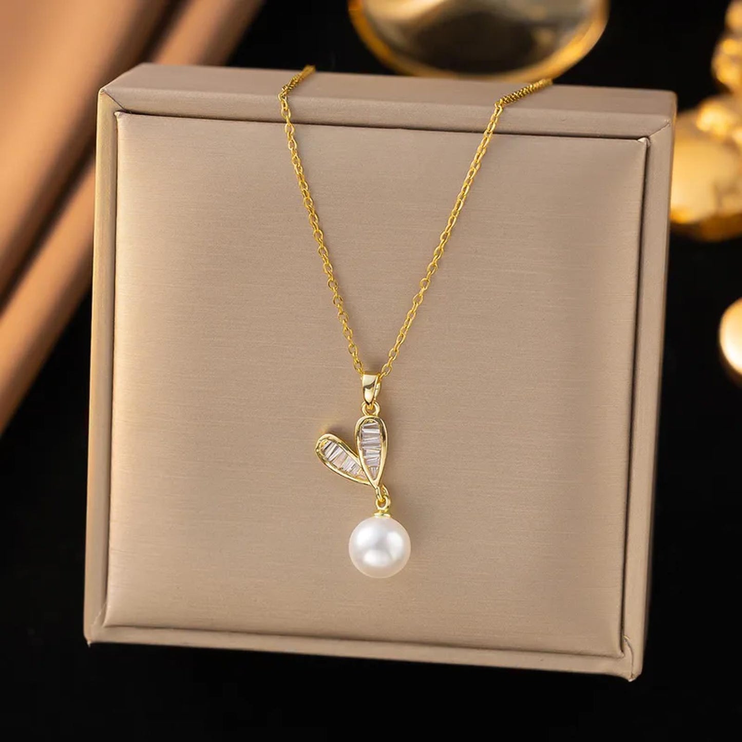 Baguette heart and pearl - Necklace/Earring set - Gold - CZs - 18"