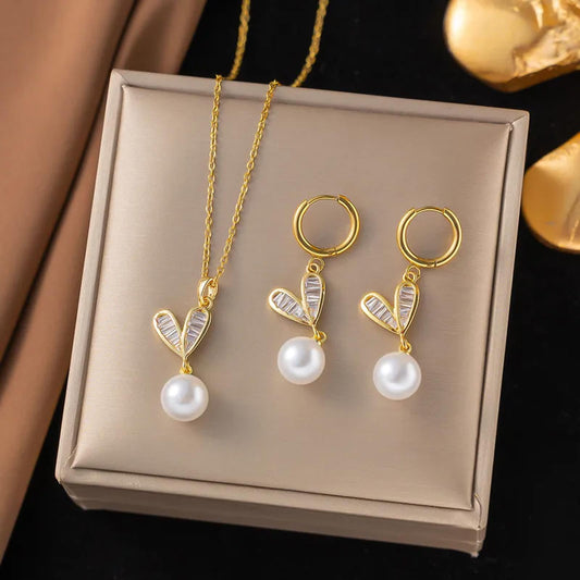 Baguette heart and pearl - Necklace/Earring set - Gold - CZs - 18"