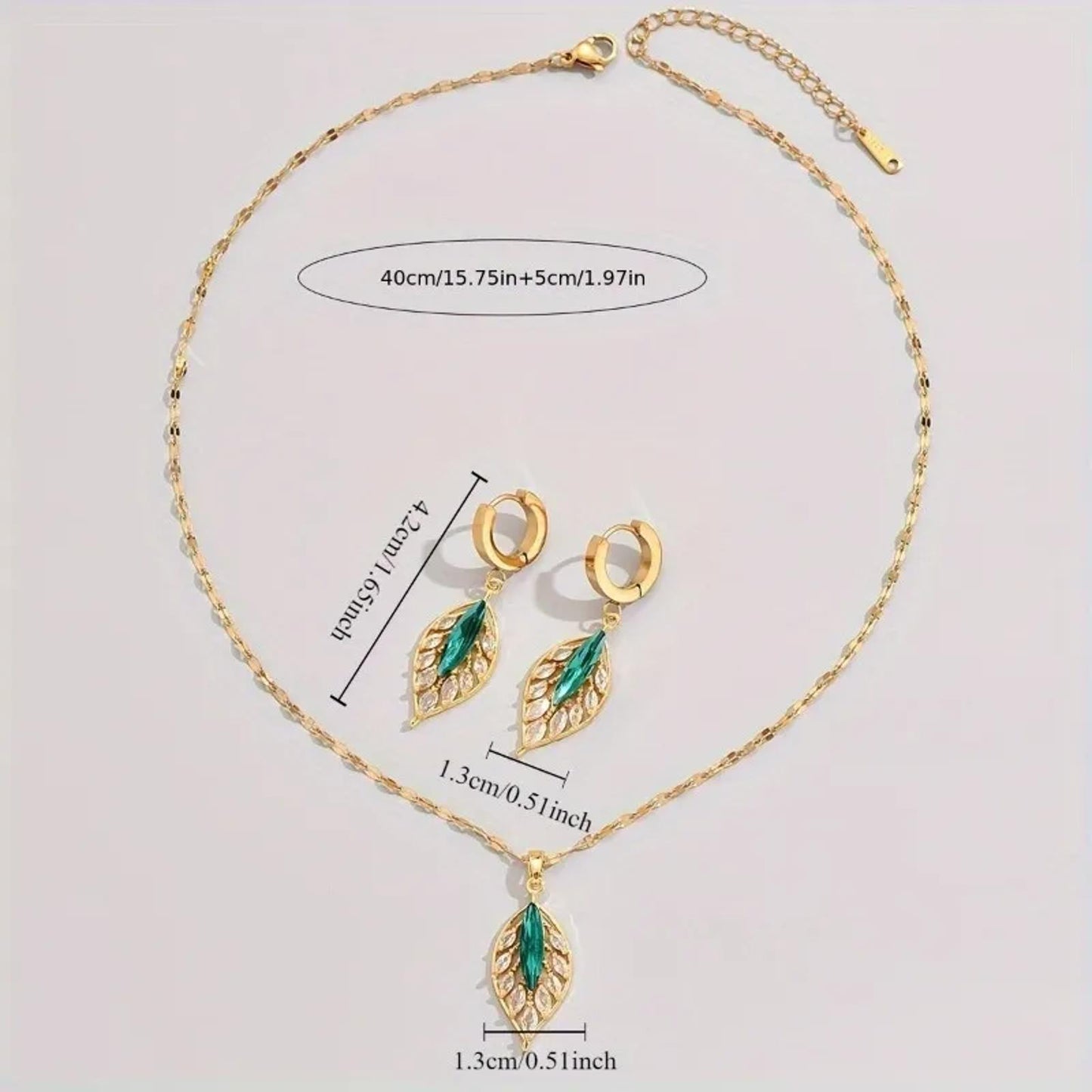 Green leaf - Necklace/Earring set - Gold - CZs - 18"