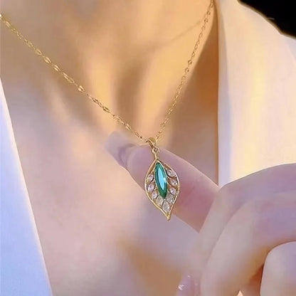 Green leaf - Necklace/Earring set - Gold - CZs - 18"