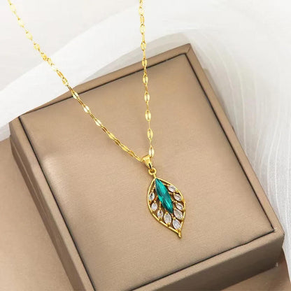 Green leaf - Necklace/Earring set - Gold - CZs - 18"