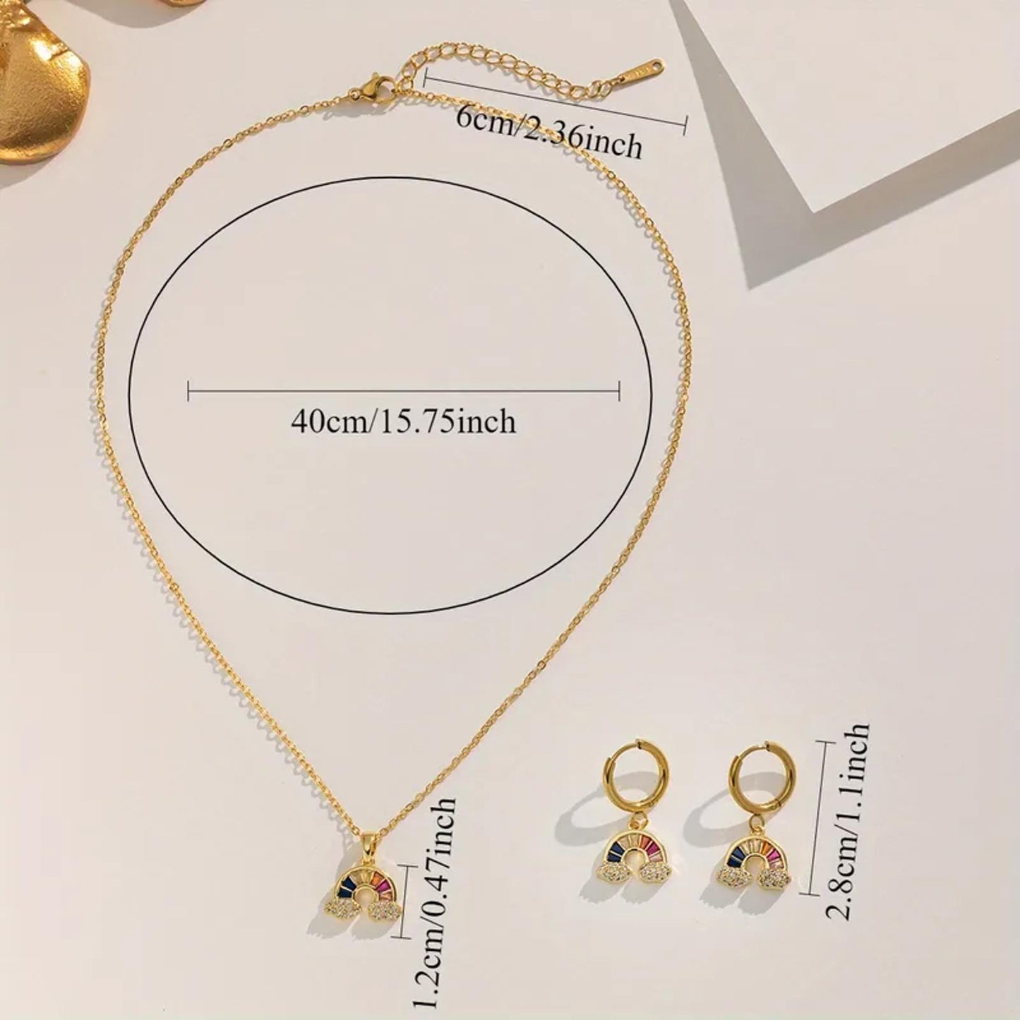 Rainbow cloud - Necklace/Earring set - Gold - CZs - 18"