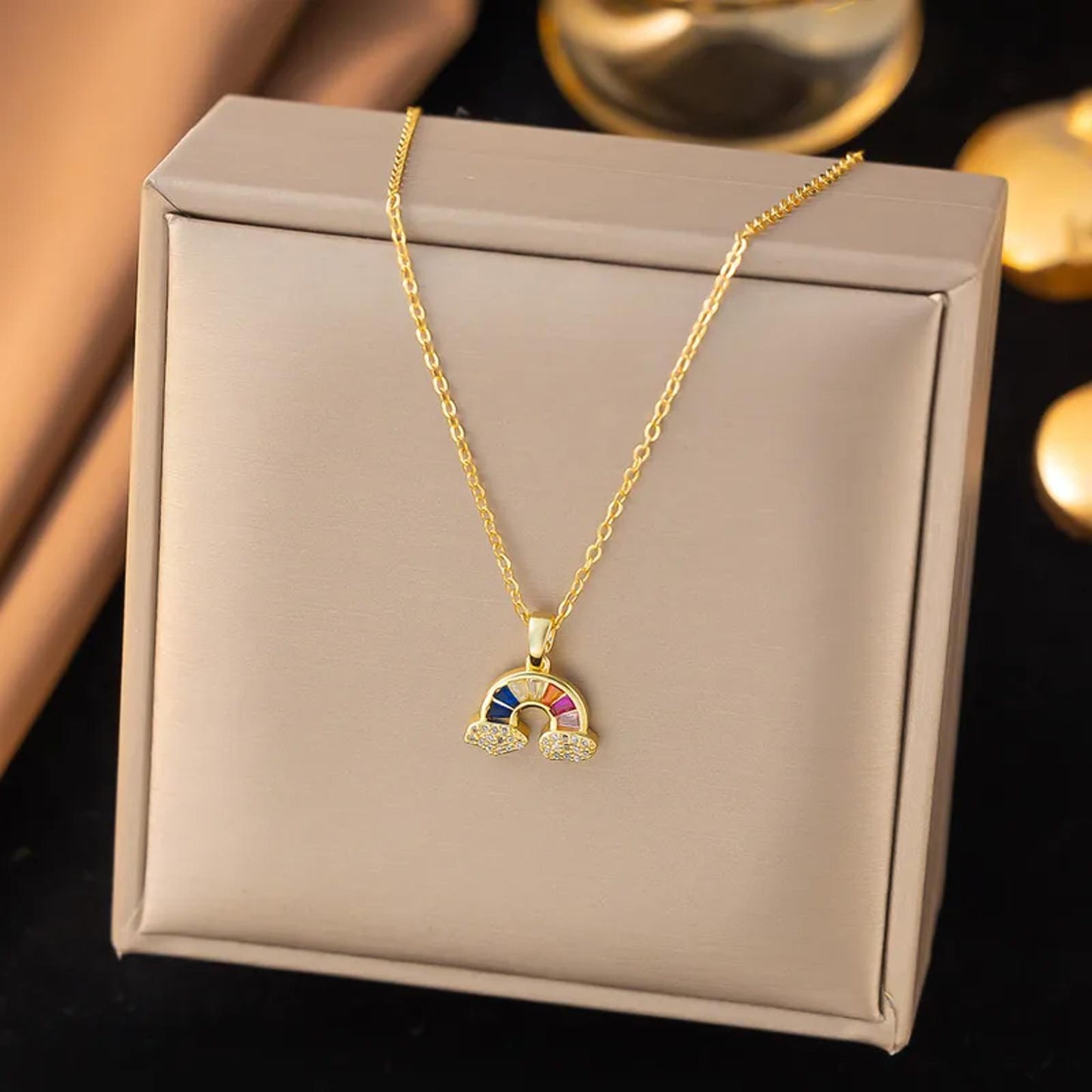 Rainbow cloud - Necklace/Earring set - Gold - CZs - 18"