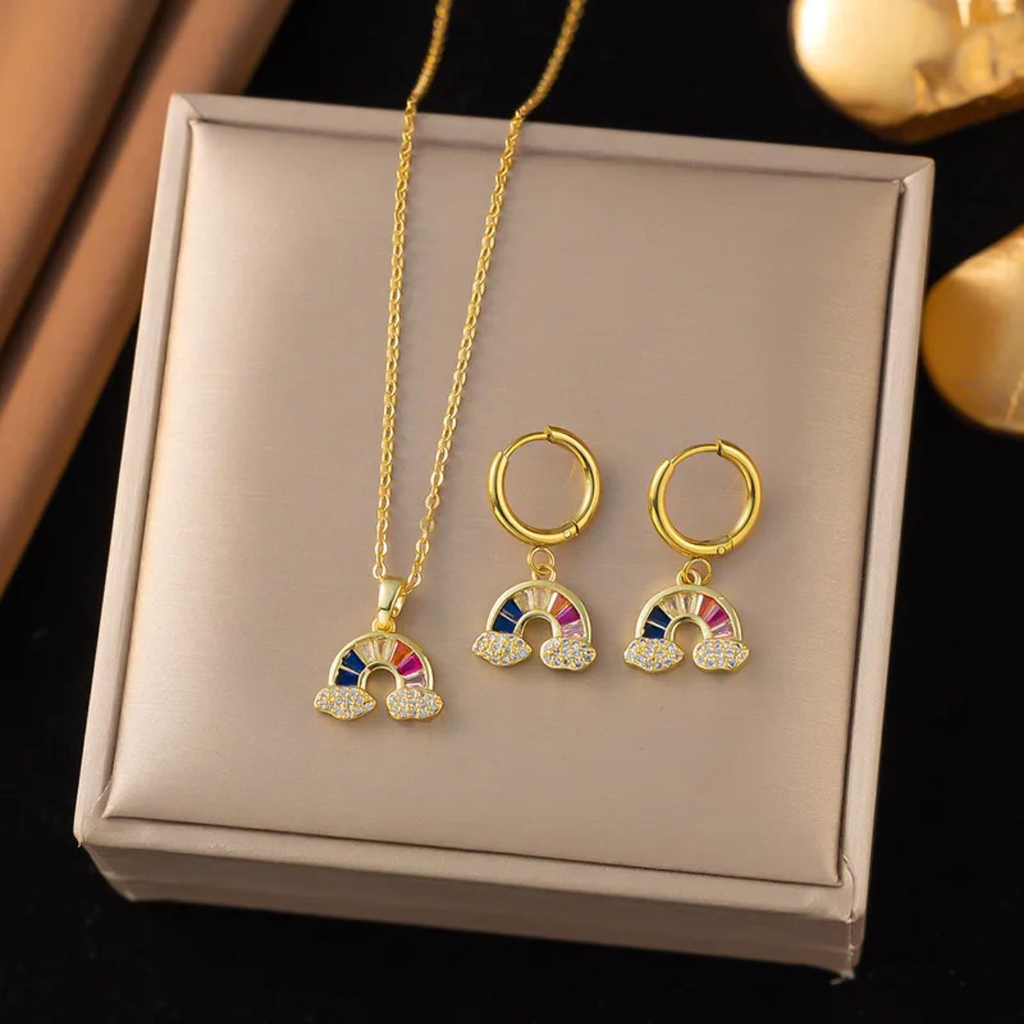 Rainbow cloud - Necklace/Earring set - Gold - CZs - 18"