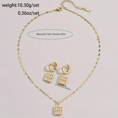 Square baguette and round Necklace/Earring set - Gold - CZs - 18"