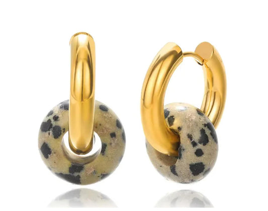 Natural black white dalmatian jasper - Earrings - Gold - 26mm