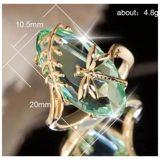 Green dragonfly ring - 18Kgold  plated - CZs - size 9.