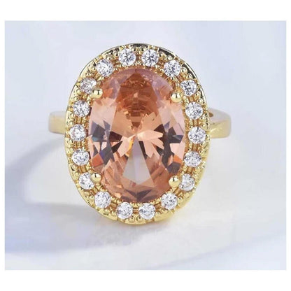 Champagne oval halo ring - 18K gold plated  - CZs- size 9.