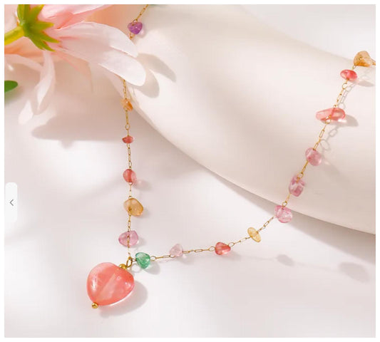 Natural stone peach beaded - Necklace - Gold - 18"